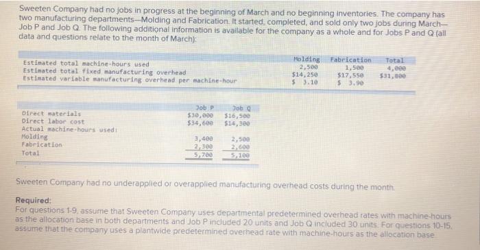 Sweeten Company had no jobs in progress at the beginning of March and no beginning inventories. The company hastwo manufactu