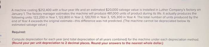 A machine costing $212,400 with a four-year life and an estimated $20,000 salvage value is installed in Luther Companys fact