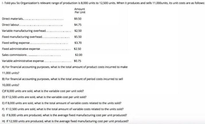 (48 Marks) SHOW ALL CALCULATIONS1 -Told-you So Organizations relevant range of production is 8,000 units to 12,500 units. W