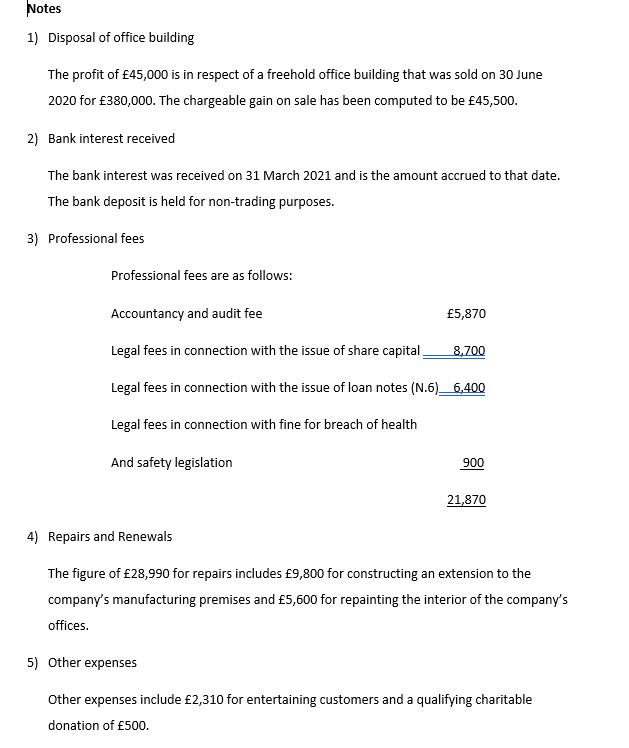 Notes 1) Disposal of office building The profit of £45,000 is in respect of a freehold office building that was sold on 30 Ju