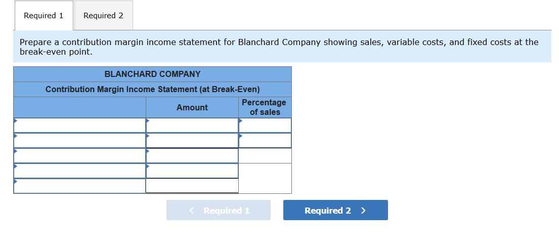 Required 1Required 2Prepare a contribution margin income statement for Blanchard Company showing sales, variable costs, and