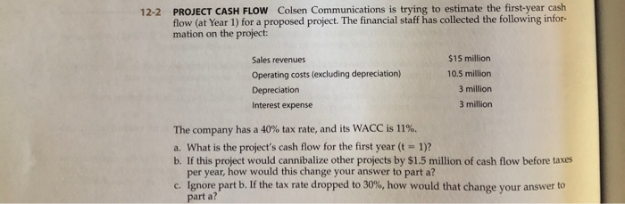 12-2 PROJECT CASH FLOW Colsen Communications is trying to estimate the first-year cashflow (at Year 1) for a proposed projec