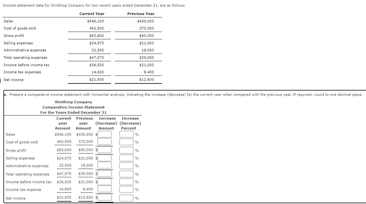 Horizontal Analysis of the Income StatementIncome statement data for Winthrop Company for two recent years ended December 31