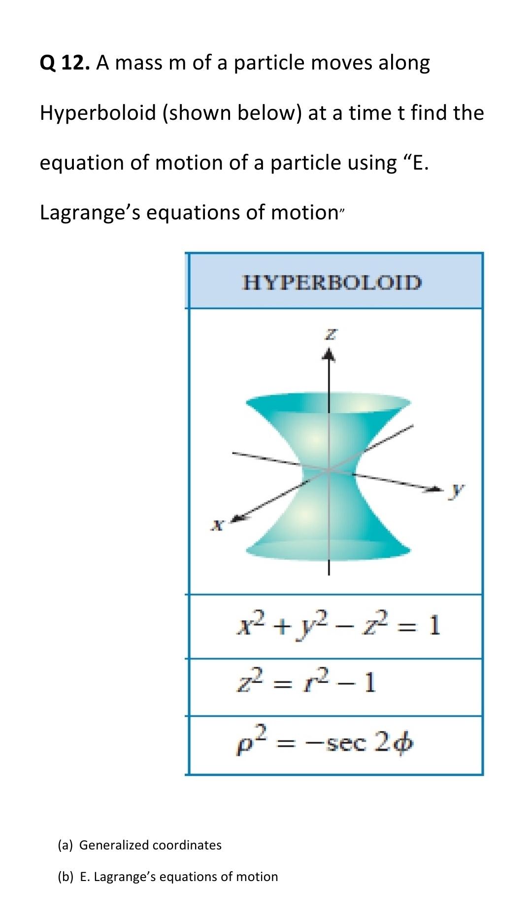 Q 12. A mass m of a particle moves along Hyperboloid (shown below) at a time t find the equation of motion of