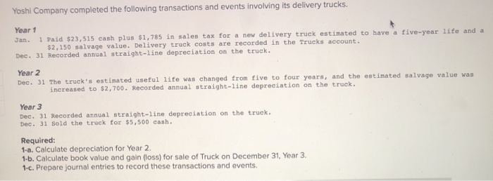 Yoshi Company completed the following transactions and events involving its delivery trucks.Year 1Jan. 1 Paid $23,515 cash