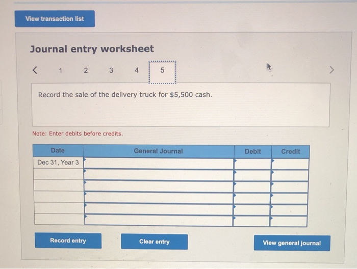 View transaction listJournal entry worksheet<12345Record the sale of the delivery truck for $5,500 cash.Note: Enter