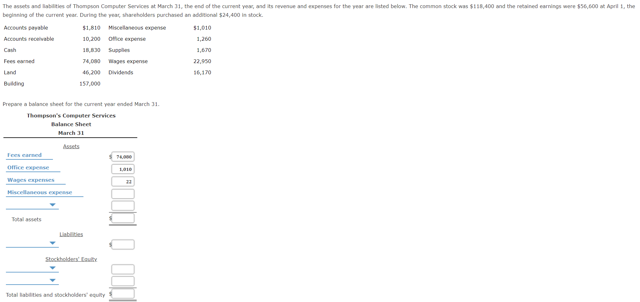 The assets and liabilities of Thompson Computer Services at March 31, the end of the current year, and its revenue and expens