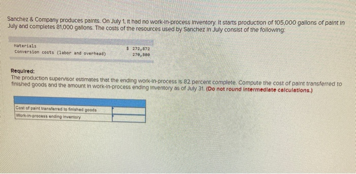 Sanchez & Company produces paints. On July 1. It had no work-in-process inventory. It starts production of 105,000 gallons of