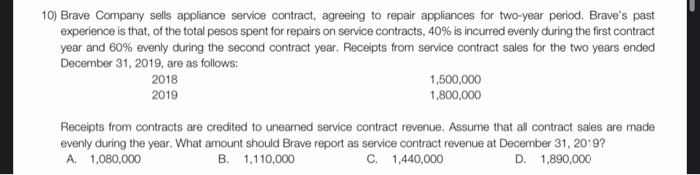 10) Brave Company sells appliance service contract, agreeing to repair appliances for two-year period. Braves pastexperienc