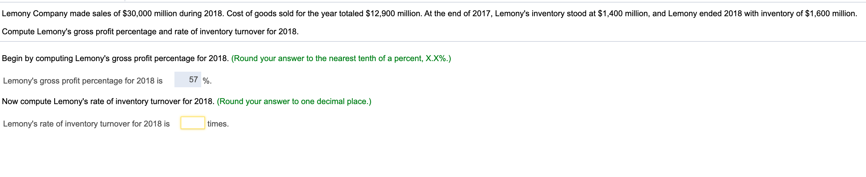 Lemony Company made sales of $30,000 million during 2018. Cost of goods sold for the year totaled $12,900 million. At the end