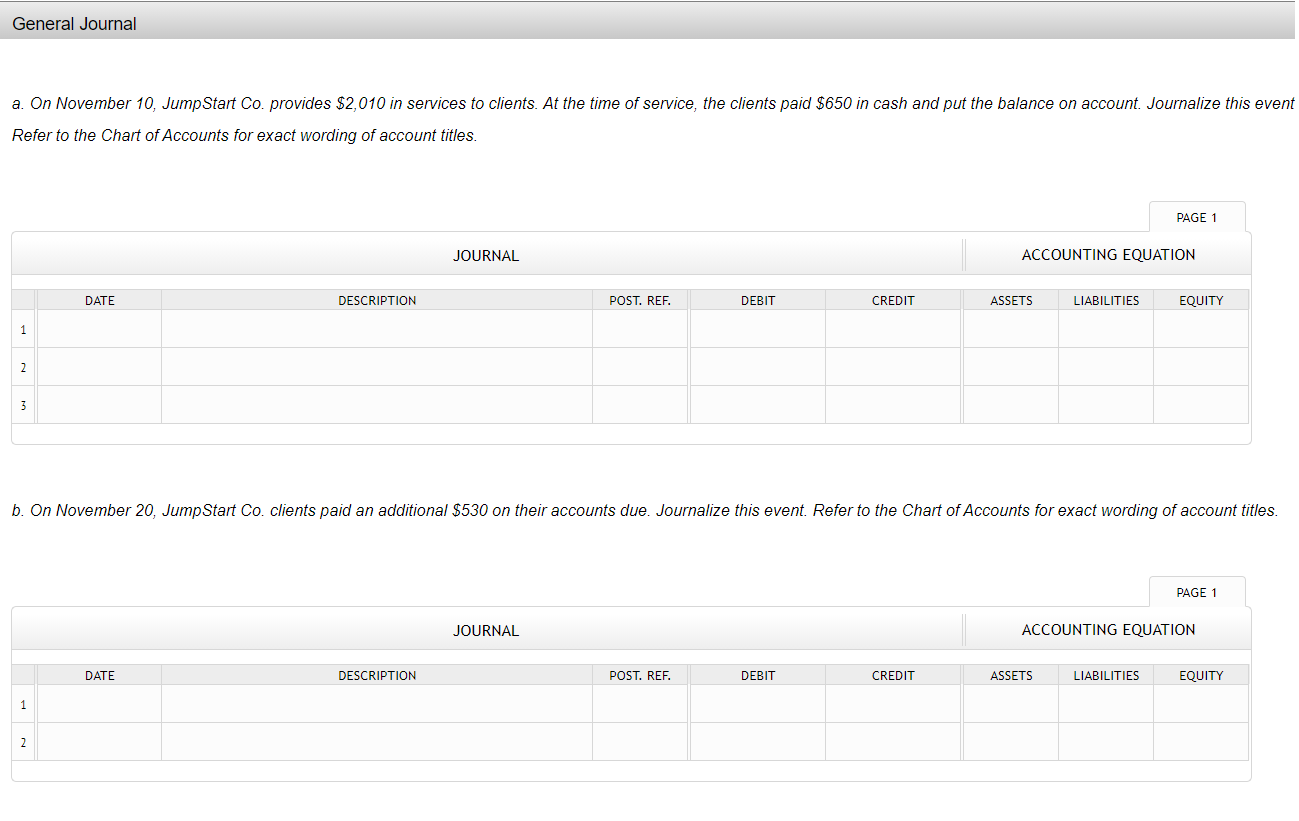 General Journala. On November 10, JumpStart Co. provides $2,010 in services to clients. At the time of service, the clients