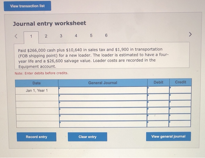 View transaction listJournal entry worksheet<12.345 6>Paid $266,000 cash plus $10,640 in sales tax and $1,900 in tra