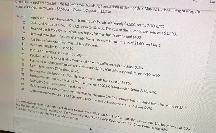 Crane Hardware Store completed the following merchandising transactions in the month of May. At the beginning of May, theled