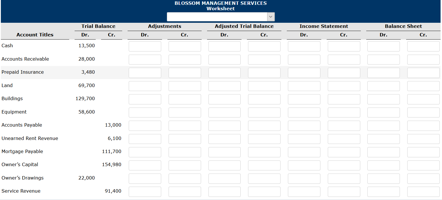 BLOSSOM MANAGEMENT SERVICESWorksheetAdjustmentsAdjusted Trial BalanceIncome StatementBalance SheetTrial BalanceDr.Cr.