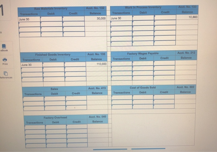 ?Raw Materials InventoryTransactions DebitJune 30Acct. No. 132Balance30,000CreditWork in Process InventoryTransactio