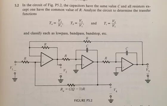 In the circuit of Fig. P5.2, the capacitors have the same value C and all resistors ex- cept one have the common value of R. Analyze the circuit to determine the transfer functions 5.2 and T. =- and classify each as lowpass, bandpass, bandstop, etc. V. Ra = (20-1)R 4 FIGURE P5.2