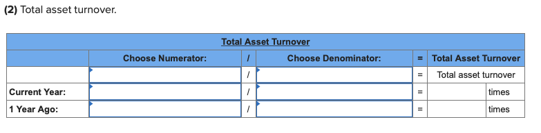 (2) Total asset turnover.Choose Numerator:Total Asset Turnover1 Choose Denominator:1Total Asset TurnoverTotal asset tur