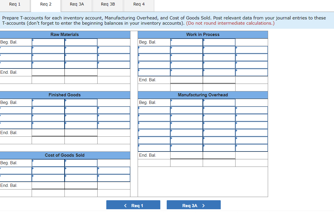 Req 1Reg 2Req ??Reg 3BReg 4Prepare T-accounts for each inventory account, Manufacturing Overhead, and cost of Goods Sold