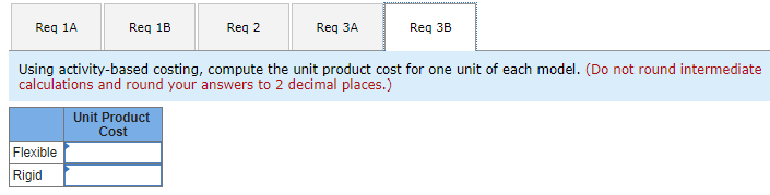 Req 1AReg 1BReg 2Req ??Reg 3BUsing activity-based costing, compute the unit product cost for one unit of each model. (Do