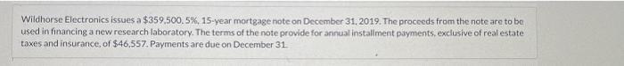 Wildhorse Electronics issues a $359,500,5%, 15-year mortgage note on December 31, 2019. The proceeds from the note are to be