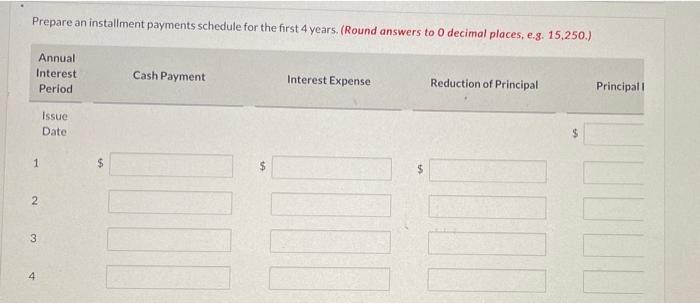 Prepare an installment payments schedule for the first 4 years. (Round answers to 0 decimal places, e.g. 15.250.) Annual Inte