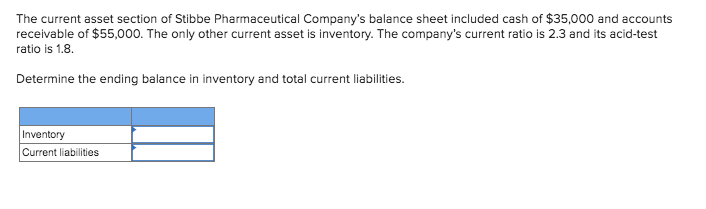 The current asset section of Stibbe Pharmaceutical Companys balance sheet included cash of $35,000 and accountsreceivable o