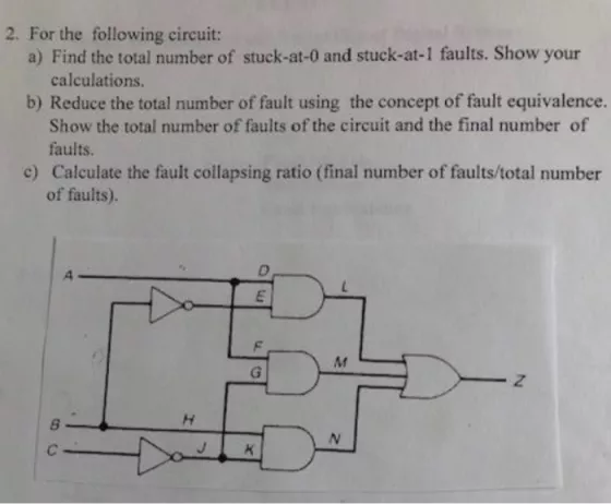 2. For the following circuit: a) Find the total number of stuck-at- and stuck-at-1 faults. Show your calculations. b) Reduce