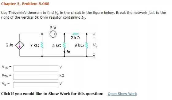 Chapter 5, Problem 5.068 Use Th?venins theorem to find V. in the circuit in the figure below. Break the network just to the