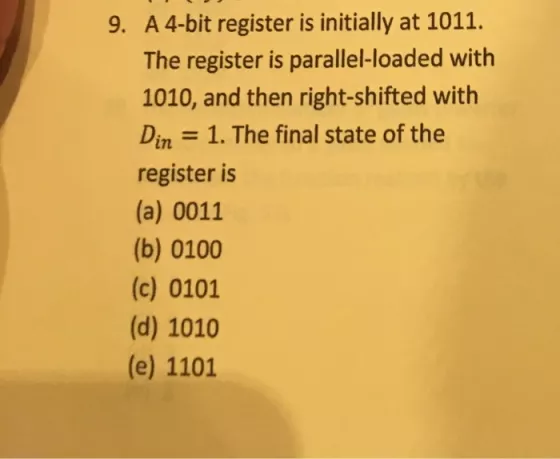 A 4-bit register is initially at 1011. The register is parallel-loaded with 1010, and then right-shifted with Din 1. The final state of the register is (a) 0011 (b) 0100 (c) 0101 (d) 1010 (e) 1101 9.