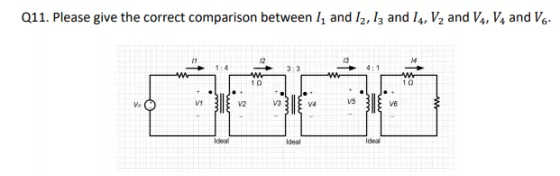 Q11. Please give the correct comparison between /1 and 12, I3 and I4, V2 and V4, V4 and V6 12 1:4 4:1 3:3 ww 10 10 V5 /1 V3 V