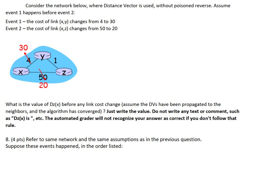 Consider the network below, where Distance Vector is used, without poisoned reverse. Assume event 1 happens before event 2: E