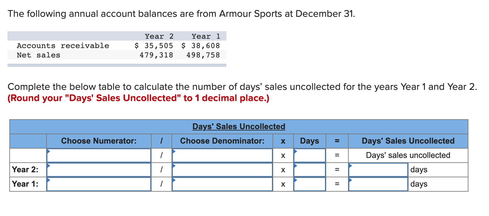 The following annual account balances are from Armour Sports at December 31.Accounts receivableNet salesYear 2 Year 1$ 35