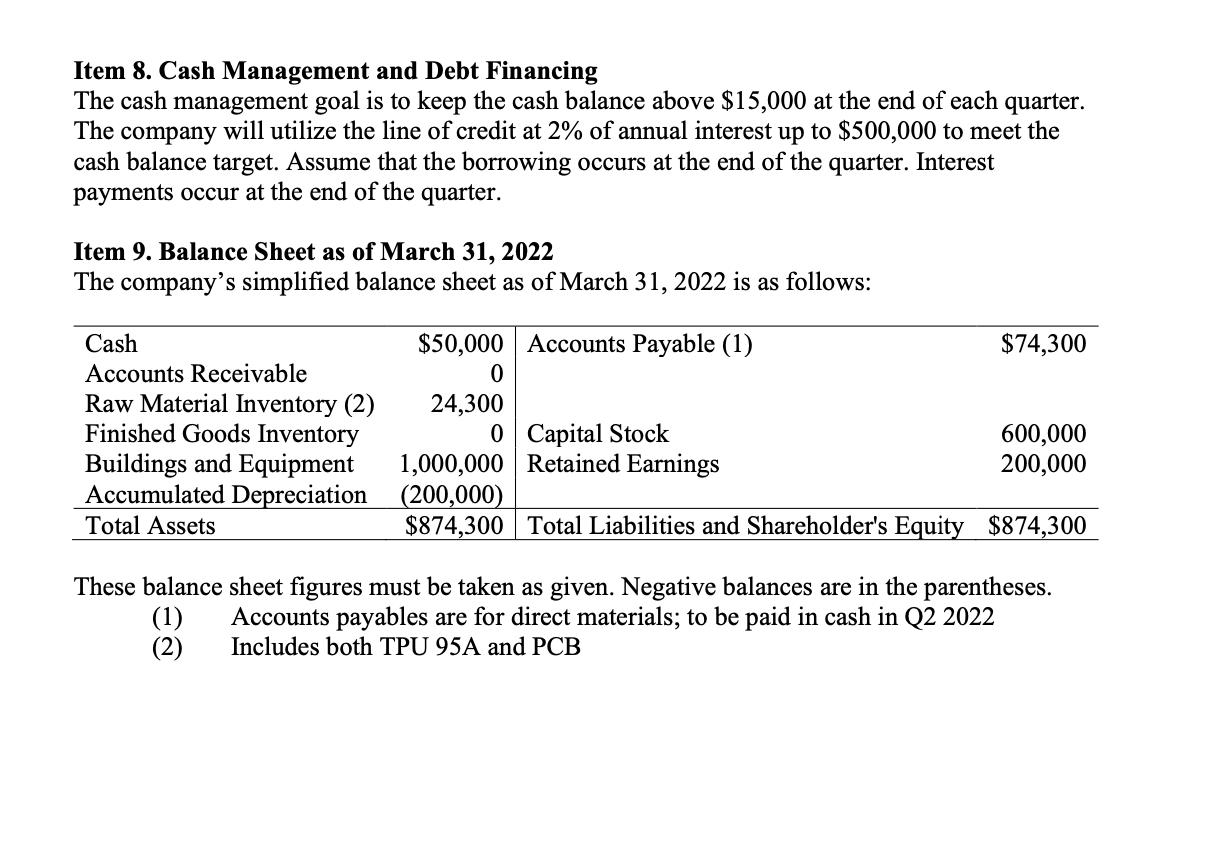 Item 8. Cash Management and Debt Financing The cash management goal is to keep the cash balance above $15,000 at the end of e