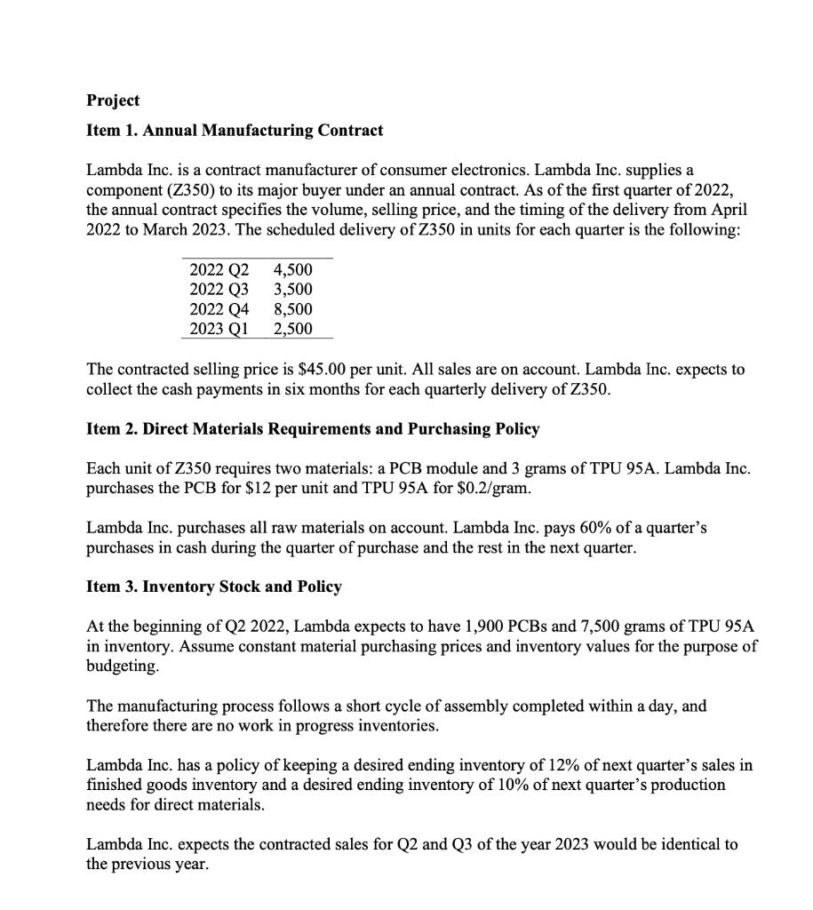 Project Item 1. Annual Manufacturing Contract Lambda Inc. is a contract manufacturer of consumer electronics. Lambda Inc. sup