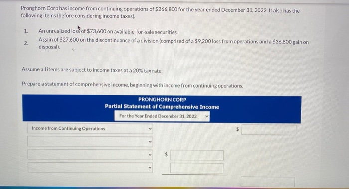 Pronghorn Corp has income from continuing operations of $266,800 for the year ended December 31, 2022. It also has thefollow