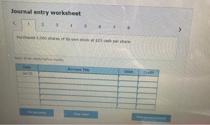 Journal entry worksheet1N335678Purchased 5,000 shares of its own stock at $23 cash per share.Note: Enter debits bef