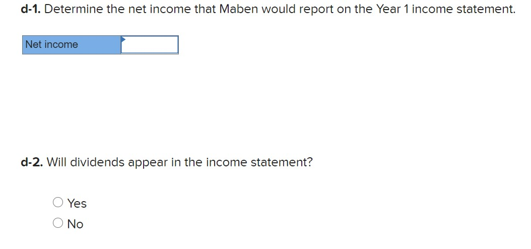 d-1. Determine the net income that Maben would report on the Year 1 income statement.Net incomed-2. Will dividends appear i