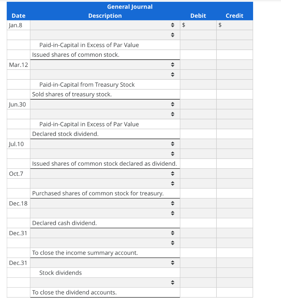 General JournalDescriptionDateDebitCreditJan.8$$Paid-in-Capital in Excess of Par ValueIssued shares of common stock.