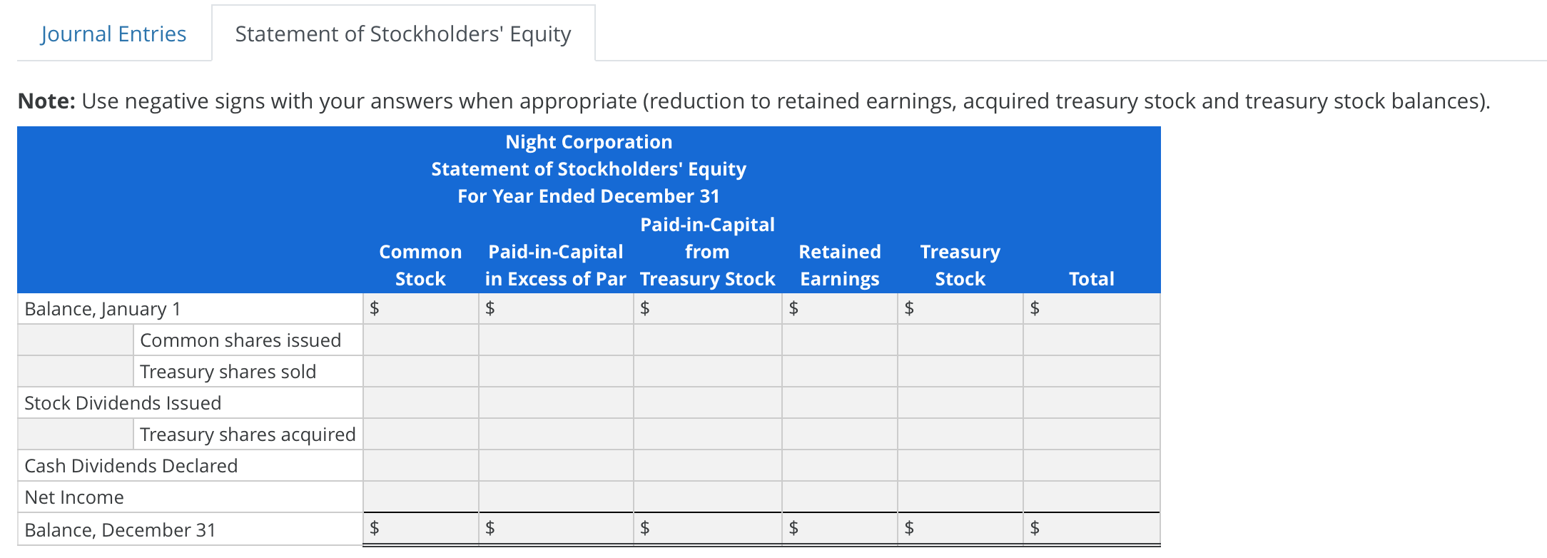 Journal EntriesStatement of Stockholders EquityNote: Use negative signs with your answers when appropriate (reduction to r