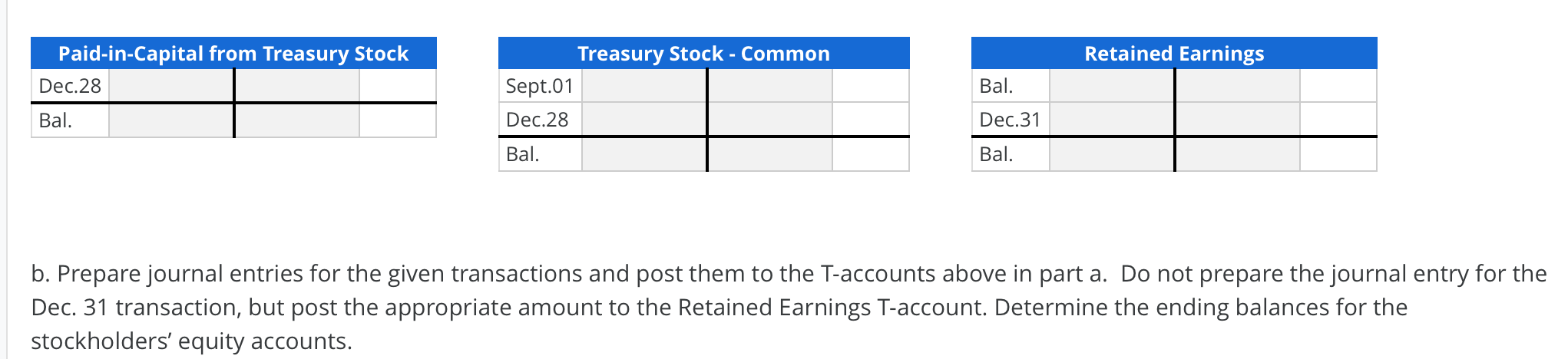 Retained EarningsPaid-in-Capital from Treasury StockDec.28Treasury Stock - CommonSept.01Dec.28Bal.Bal.Dec.31Bal.Bal