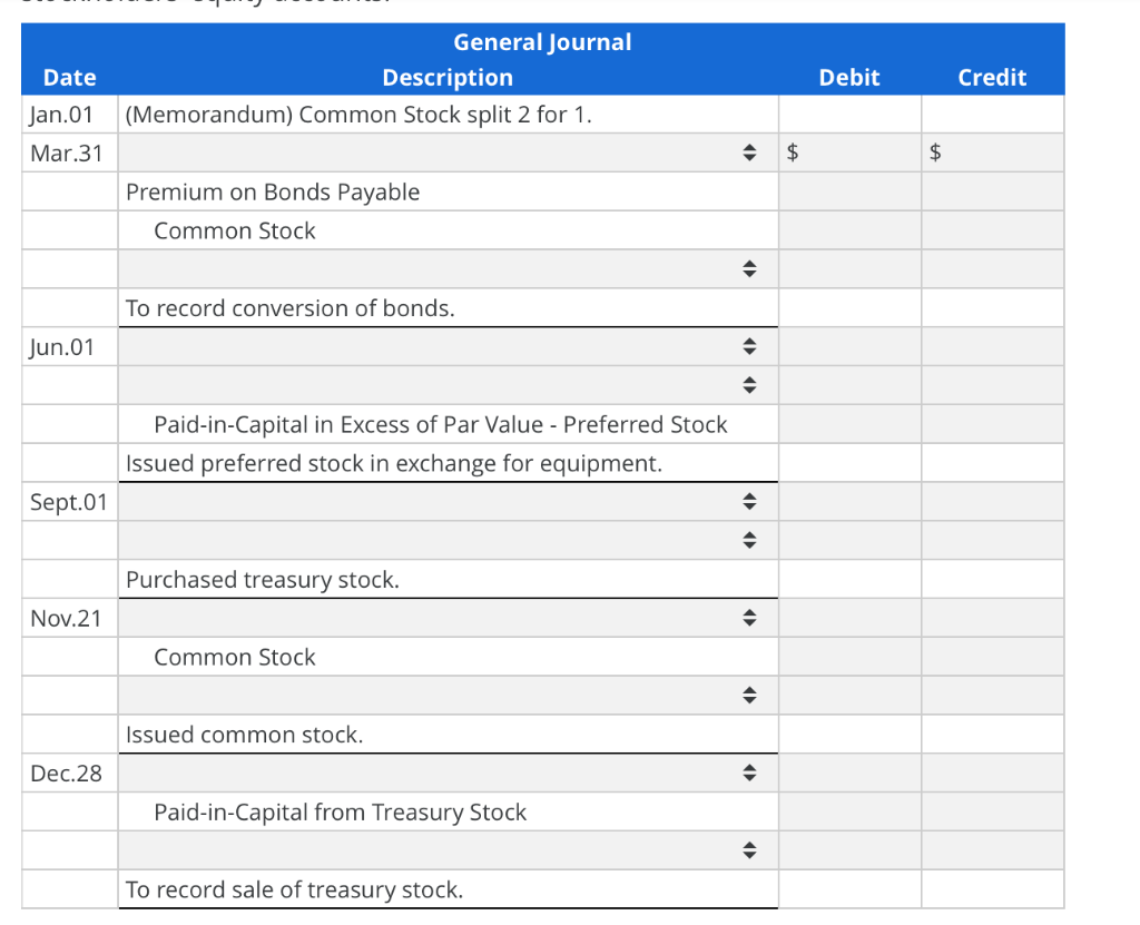 DateGeneral JournalDescription(Memorandum) Common Stock split 2 for 1.DebitCreditJan.01Mar.31$$Premium on Bonds Pay