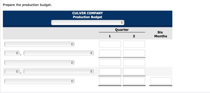Prepare the production budget.CULVER COMPANYProduction BudgetQuarter12SixMonths