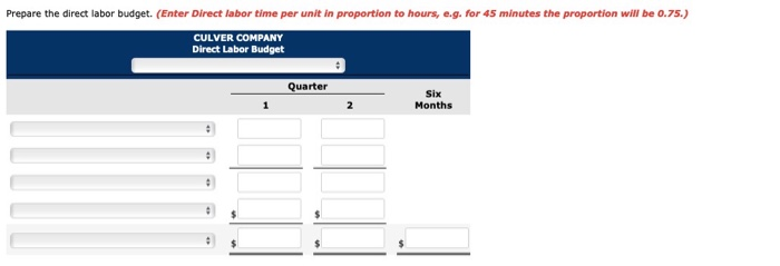 Prepare the direct labor budget. (Enter Direct labor time per unit in proportion to hours, e.g. for 45 minutes the proportion