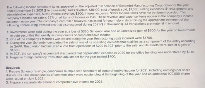 The following income statement items appeared on the adjusted trial balance of Schembri Manufacturing Corporation for the yea