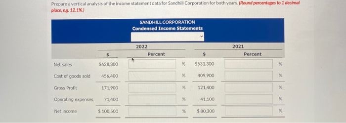 Prepare a vertical analysis of the income statement data for Sandhill Corporation for both years. (Round percentages to 1 dec