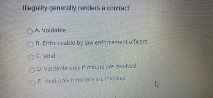 QUESTION 36Illegality generally renders a contract:O A. VoidableOB. Enforceable by law enforcement officersO C. VoidO D.