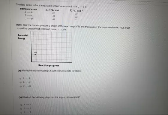 D. The data below is for the reaction sequence A- Elementary step A, H/kJ mol A- B B- C C D B- C- E /kJ mol Hint: Use the dat