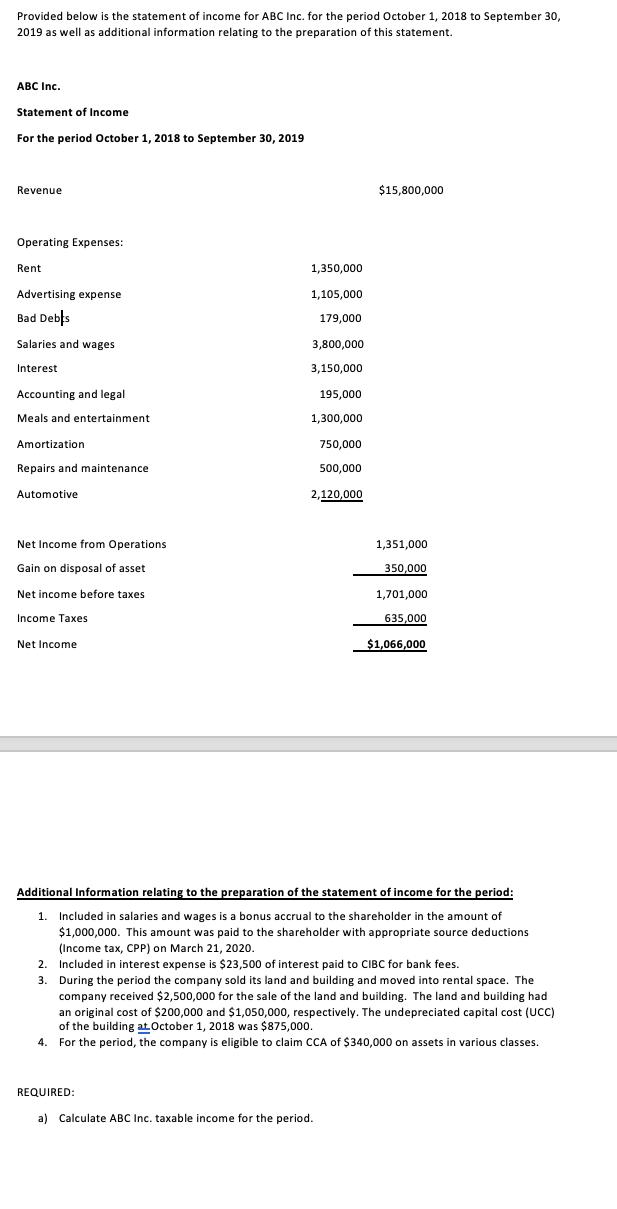 Provided below is the statement of income for ABC Inc. for the period October 1, 2018 to September 30, 2019 as well as additi