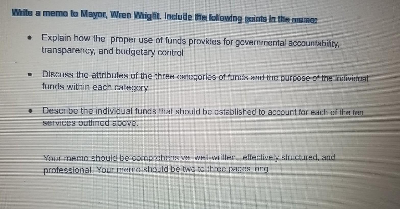 Write a memo ta Mayor, Wren Wright. Include the following points in thie memo: Explain how the proper use of funds provides f