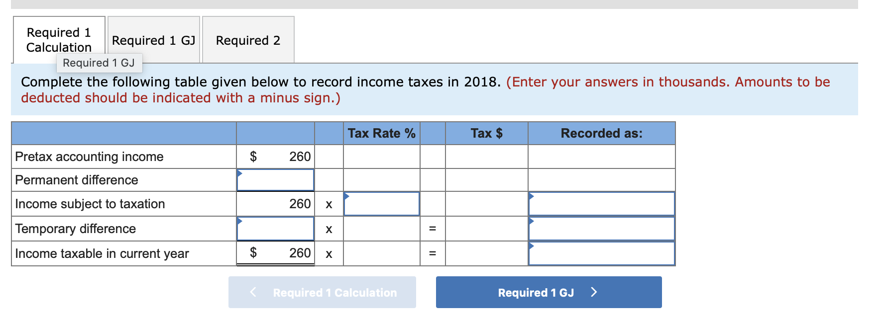 Required 1CalculationRequired 1 GJ Required 2.Required 1 GJComplete the following table given below to record income taxe